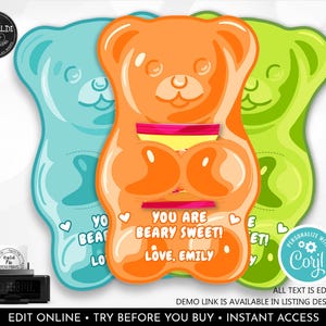 Editable Gummy Bears Valentine's day Cards Beary Happy Valentine's day Treat Gummies Holder School Kids Classroom Exchange Gift Tags VL