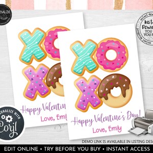 Editable XOXO Valentine's Day Gift Tag Valentine's Day XOXO Card Instant Download Valentine Classroom School Friend Kids Donuts Card 2 VL
