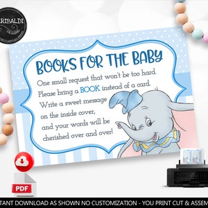 Dumbo Books for Baby Request Card Blue Baby Book Request Insert Card Blue Elephant Bring a Book Card Blue Dumbo Baby Shower Party GDB