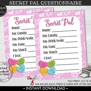 Valentine's Day Secret Pal Questionnaire, Printable Gift Exchange Wish List Form, Secret Pal Survey, My Favorite Things Gift Ideas Card VL