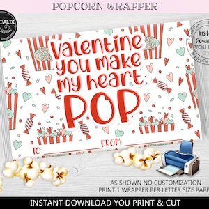You make my heart pop Valentine&#39;s Day Popcorn Wrapper Printable Valentine&#39;s Day Microwave popcorn wrap Valentines day Party Favors VL