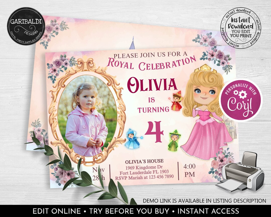 Editable Sleeping Beauty Birthday Invitation Printable Princess Photo ...