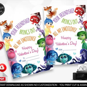 Emotions Valentine's Day Cards Printable Valentine's Day Inside Out Tags Kids School Class Valentine's day Exchange Cards  Favor Tags VL