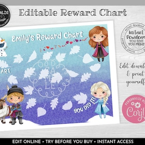 Puede incluir: Tabla de recompensas editable con personajes de la película Frozen. La tabla tiene un fondo azul con copos de nieve blancos y un camino de hojas blancas. El texto "Emily's Reward Chart" está en la parte superior de la tabla. El texto "You Did It!" está en la parte inferior de la tabla. El texto "Start" está en la parte inferior izquierda de la tabla. El texto "Edit, download & print yourself" está en la parte inferior derecha de la tabla.