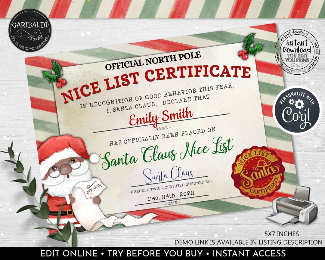 Editable Santa Claus Official Nice List Certificate Personalised Letter ...