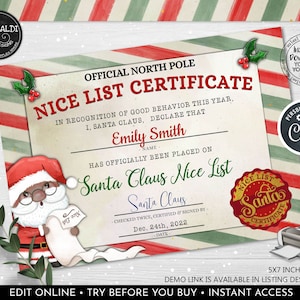 Editable Santa Claus Official Nice List Certificate Personalised Letter from North Pole Desk Christmas Eve Corjl Printable Template 4 CE2 CH