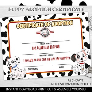 Adopt a Puppy Certificate Dalmatians Adoption Certificate Instant Download Dalmatians Birthday Party Supplies Puppy Adoption Certificate DAL