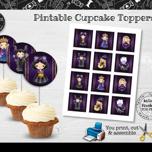 Halloween Cupcake Toppers Witch Princess Birthday Party Decorations Instant Download Villains Evil Mistresses Party Supplies Printable HW