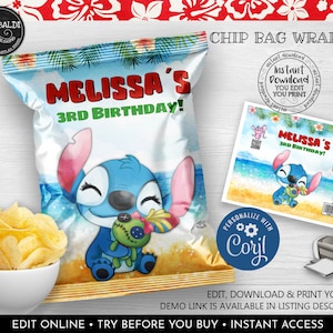 May include: A printable chip bag wrapper featuring a cartoon Stitch character holding a doll. The wrapper is decorated with a beach scene and the text "Melissa's 3rd Birthday!"
