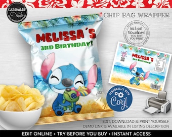 Editable Luau Chip Bag Wrapper Template Hawaiian Chip Bag Instant Download Luau Birthday Party Supplies Printable Hawaiian Favor Snacks LSW