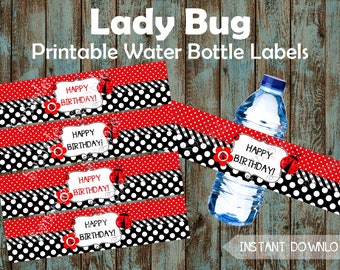 Printable Ladybug Water Bottle Labels, Ladybug Happy Birthday Labels, Ladybug Birthday Party Decorations, DIY Ladybug Party Supplie