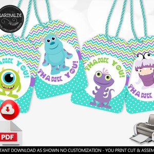 May include: Four printable thank you tags featuring characters from the movie Monsters Inc. The tags are turquoise with purple and green chevron patterns and white polka dots. Each tag has a circle with a different character from the movie and the text "Thank You!" in purple.