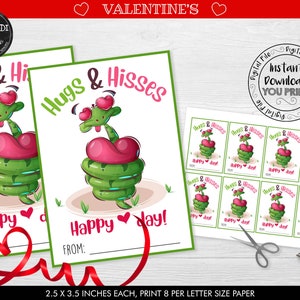 Snake Valentine's day Cards Class Valentine's Day Cards Hugs and Hisses Snake Valentine's Day Cards School Printable Valentine's Day Tags VL