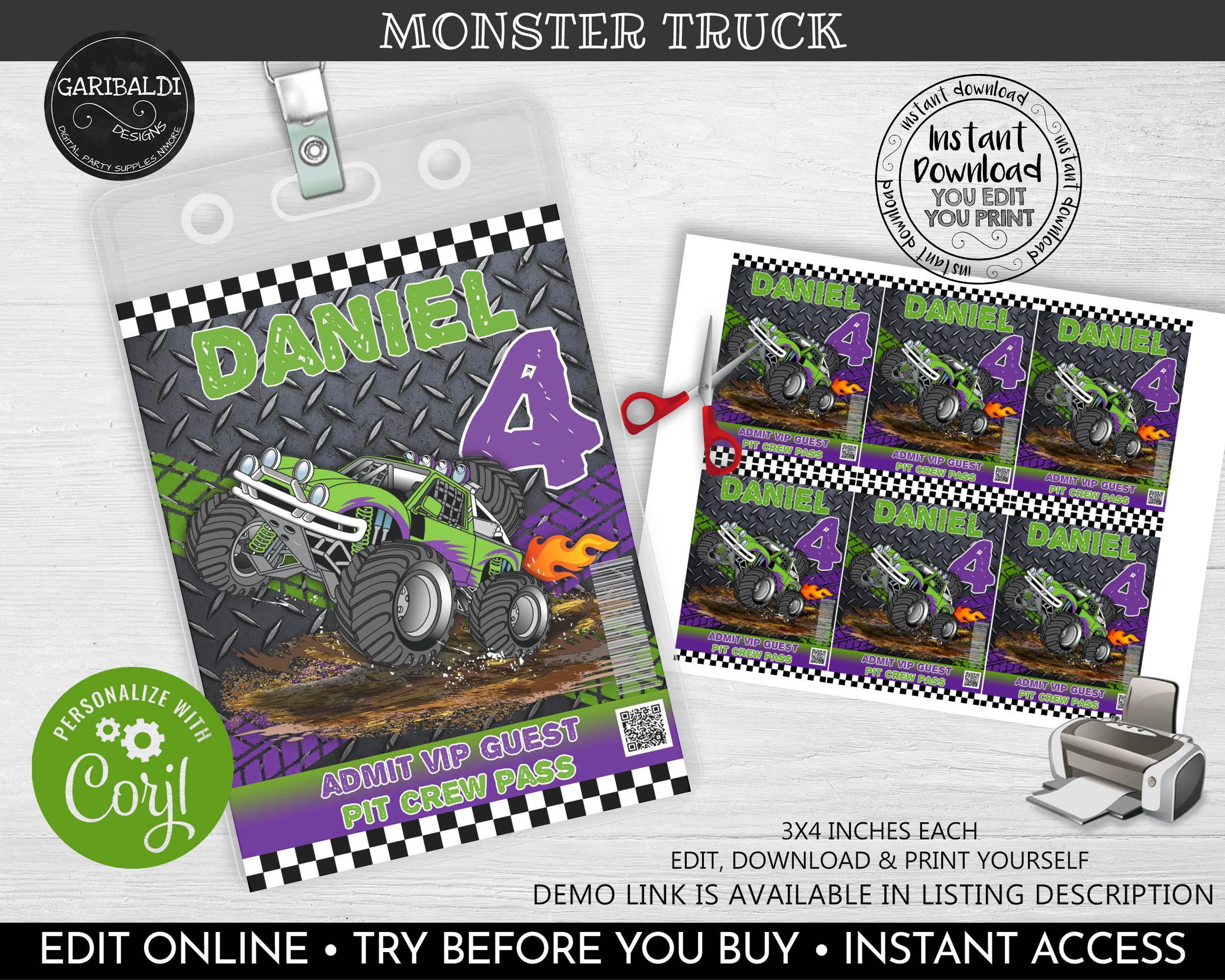 Editable Printable Monster Truck Pit Crew Pass Monster Truck Etsy France