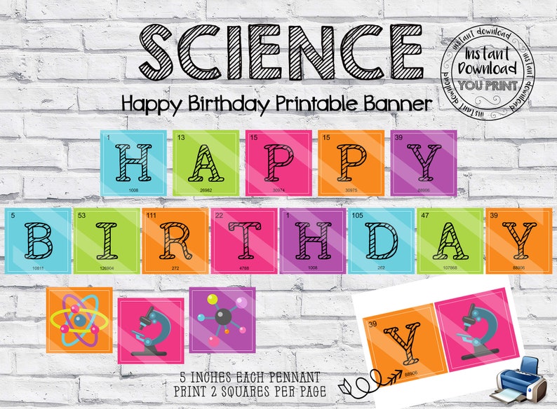 printable science happy birthday banner science etsy