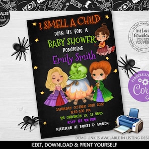 Editable Halloween Baby Shower Invitation Witch Baby Shower Invitation I smell a Child Baby Invitation A Baby is Brewing Shower Invite HW