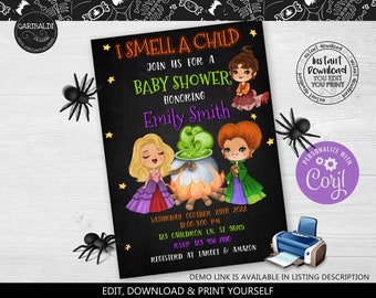 Editable Halloween Baby Shower Invitation Witch Baby Shower Invitation I smell a Child Baby Invitation A Baby is Brewing Shower Invite HW