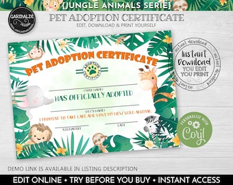 Editable Adopt a Wild Animal Certificate Safari Pet Adoption Certificate Instant Download Jungle Birthday Party Animal Pet Adoption SJA