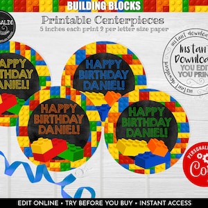 Editable Building Blocks Centerpieces Building Blocks Birthday Party Decorations Building Blocks Party Supplies Building Blocks Topper BKBC