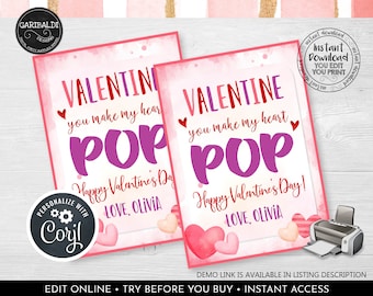 Editable Pop it Valentine's Day Card Valentine's day School Kids Pop it Cards Valentine You make my heart pop Favor Tag Pop It Gift Tag VL