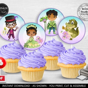 Princess and the Frog Prince Cupcake Toppers Instant download Princess Tiana Birthday Party Decorations Digital Favor Tag Printable Label PF