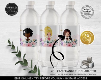 May include: Three clear plastic water bottles with personalised labels featuring a floral design and a cartoon girl in a white dress. The labels are customisable with a choice of characters and the text "PERSONALIZE WITH Corjl".