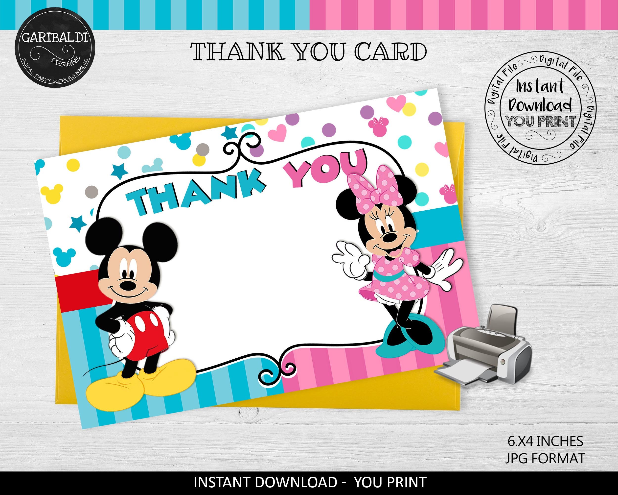 instant download mickey and minnie thank you card printable twins