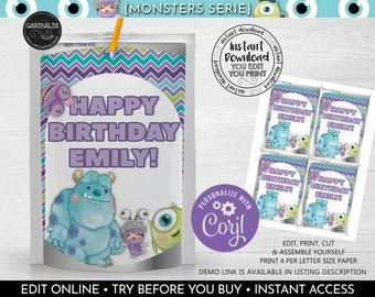 Editable Monsters Juice Box Labels Baby Monsters Juice Pouch Labels Instant download Monsters Party Supplies Printable Monsters Favors MINC