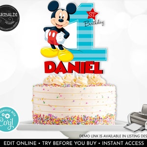 Editable Mickey First Birthday Cake Topper Mickey Fun to be one Centerpiece Birthday Party Decorations  T-shirt Digital Download MFT1