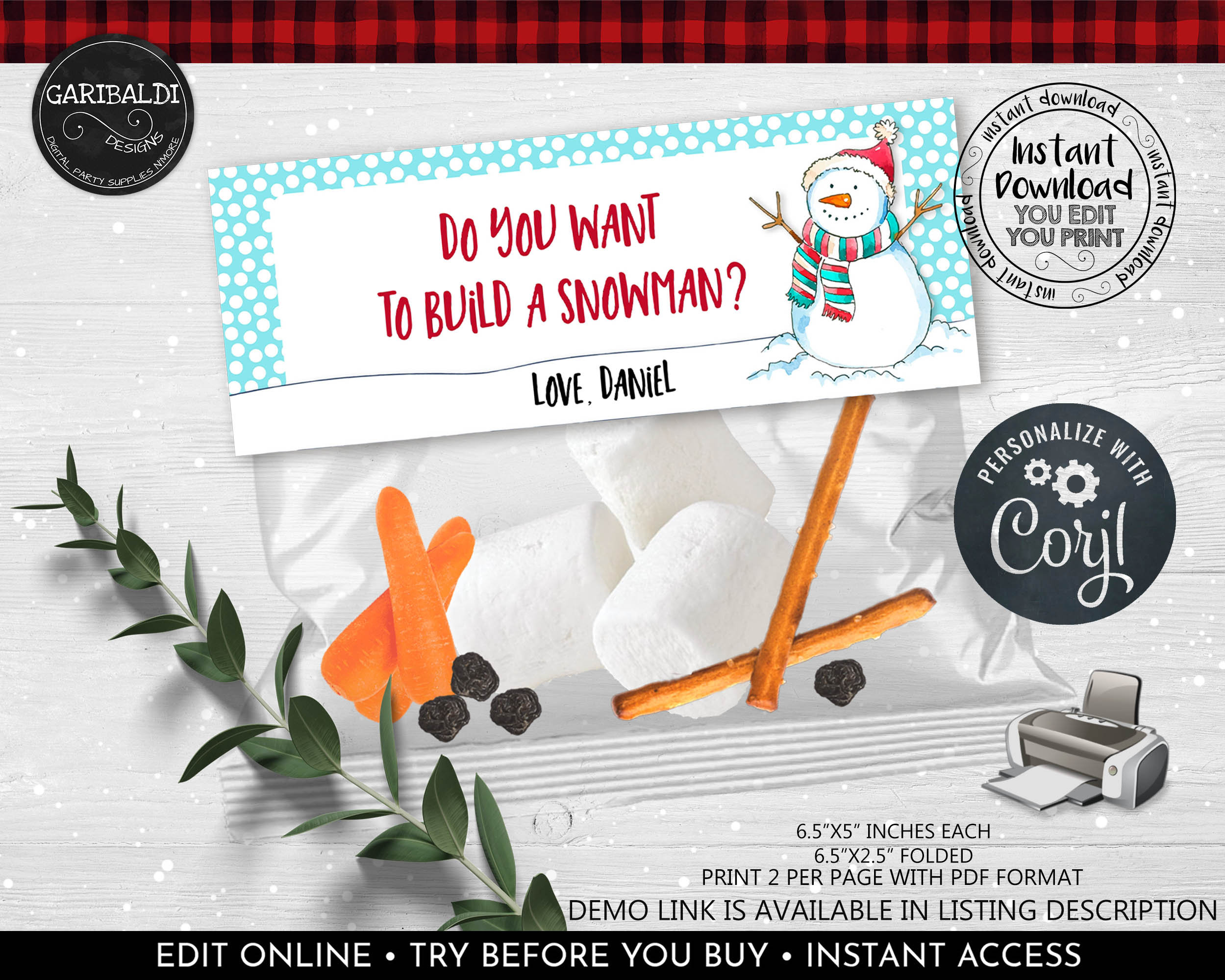 Printable Tag Do You Want to Build a Snowman 1.5x3 