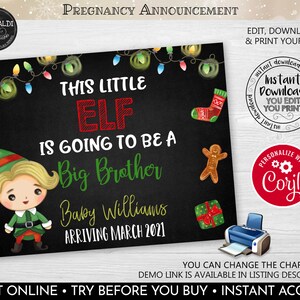Christmas Pregnancy Announcement Sign New Baby Poster Board Elf Big Brother to be printable Sign Holiday Chalkboard Photoshoot Prop 1 PA CH
