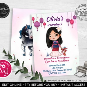 Editable Mulan Invitation Printable Mulan Birthday Party Invitation Instant Download Mulan Party Supplies Chinese Princess Invitation 3 DML