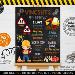 Editable Milestone Board Template, Construction Milestone Sign, Construction Birthday Party Decorations, Builder Chalkboard Poster 1 CTK