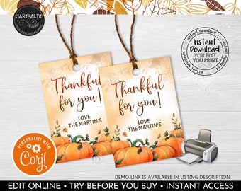 Editable Thanksgiving Favor Tags, Happy Thanksgiving Gift Tags, Printable Thanksgiving Labels, Printable Pumpkins Fall Autumn Party Tags TF