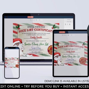 Editable Santa Claus Official Nice List Certificate Personalised Letter ...