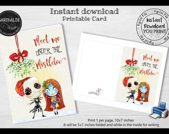 Printable Christmas Card, Instant download Christmas Card, Jack & Sally Christmas printable Card, Meet me under the mistletoe Printable NBCH