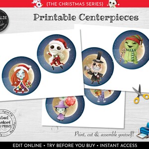Pu&ograve; includere: Centrotavola natalizi stampabili con personaggi di The Nightmare Before Christmas. I personaggi sono Jack Skellington, Sally, Oogie Boogie e Zero. I centrotavola sono progettati per essere ritagliati e assemblati.