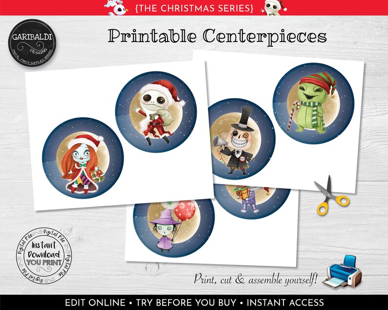 Pu&ograve; includere: Centrotavola natalizi stampabili con personaggi di The Nightmare Before Christmas. I personaggi sono Jack Skellington, Sally, Oogie Boogie e Zero. I centrotavola sono progettati per essere ritagliati e assemblati.