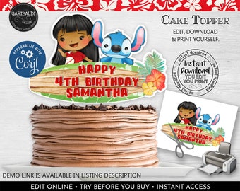 Editable Lilo & Stitch Cake Topper Instant Download Luau Cake Topper Printable Hawaiian Birthday Party Supplies Luau Party Decorations LSW