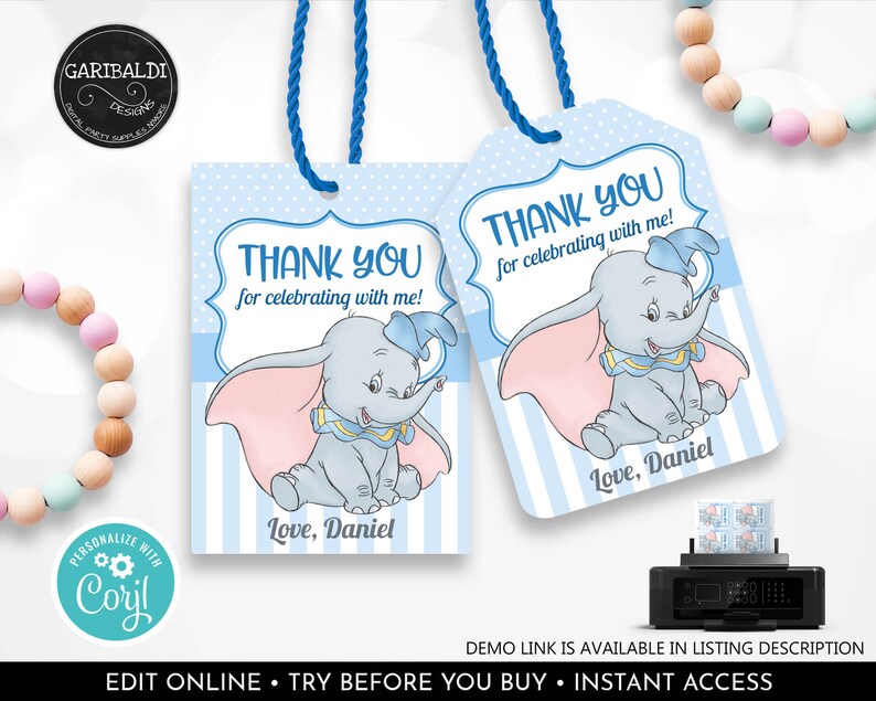 Dumbo Favor Tags Blue Baby Elephant Gift Labels Blue Dumbo - Etsy