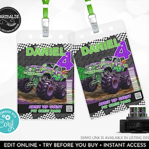 Editable Printable Monster Truck Pit Crew Pass Monster Truck VIP Pit Passes Monster Truck Birthday Party Monster Truck Party Favor Tags MT