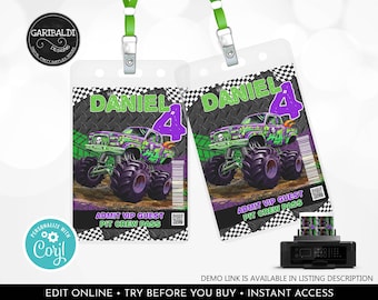 Editable Printable Monster Truck Pit Crew Pass Monster Truck VIP Pit Passes Monster Truck Birthday Party Monster Truck Party Favor Tags MT