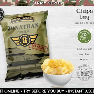 Editable Army Chip Bag Wrapper Solider Chip Bag Template Instant Download Military Birthday Party Supplies Printable Camo Favor Snacks 1 SA