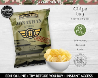 Editable Army Chip Bag Wrapper Solider Chip Bag Template Instant Download Military Birthday Party Supplies Printable Camo Favor Snacks 1 SA