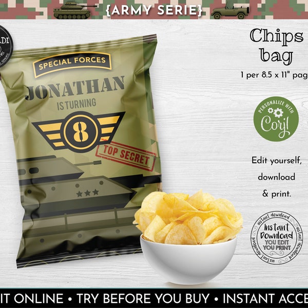 Editable Army Chip Bag Wrapper Solider Chip Bag Template Instant Download Military Birthday Party Supplies Printable Camo Favor Snacks 1 SA