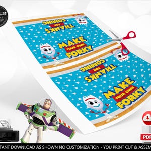 May include: A printable sheet featuring two identical designs with a blue background, white cloud patterns, and the text "MAKE YOUR OWN FORKY" and "THANKS FOR COMING". The design includes a cartoon character illustration of Forky and red scissors.