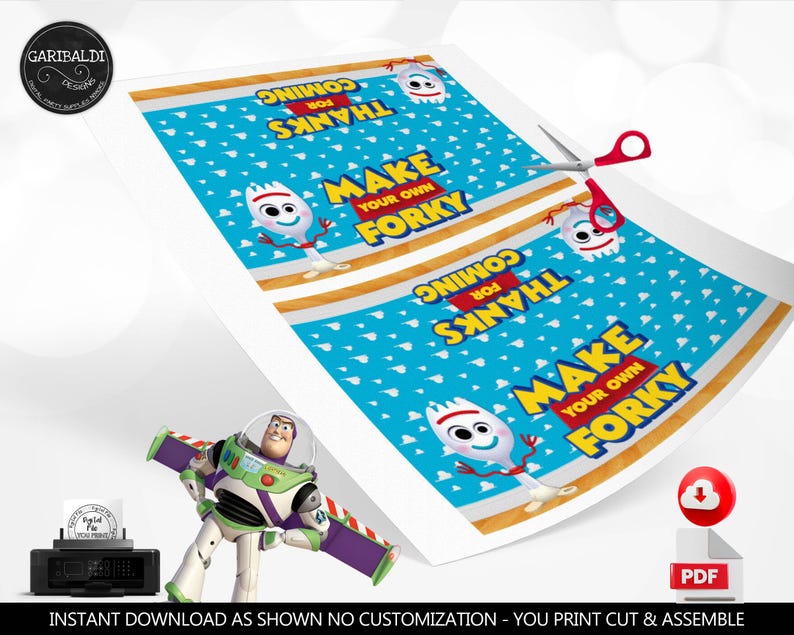 May include: A printable sheet featuring two identical designs with a blue background, white cloud patterns, and the text "MAKE YOUR OWN FORKY" and "THANKS FOR COMING". The design includes a cartoon character illustration of Forky and red scissors.