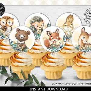 Woodland Cupcake Toppers, Printable Forest Animals Birthday Party Decorations, Cute Animals Baby Shower Party Supplies Instant download WL