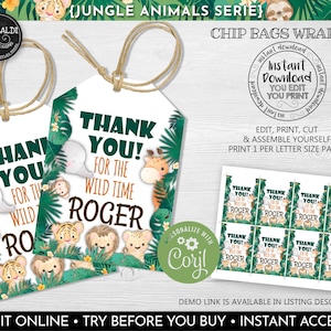 Editable Safari Favor Tags Party Animals Gift Tag Instant Download Jungle Thank you Tag Safari Birthday Party Supplies Jungle Baby Tags SJA