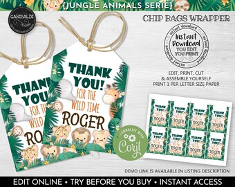 May include: Printable chip bag wrappers with a jungle animal theme. The wrappers feature a green and brown background with jungle animals, including a tiger, monkey, elephant, and giraffe. The text on the wrappers says "Thank You! For the Wild Time [Name]" and includes a personalized name. The wrappers are designed to be printed on letter-sized paper and assembled by the user.